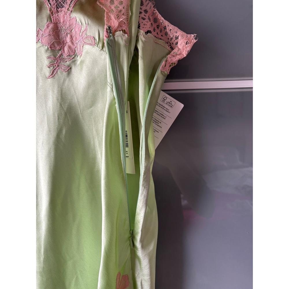 NWT* Alice + Olivia Kerr Midi Slip Dress Satin Green Pink Lace Fairy Romantic 10 - Picture 7 of 15
